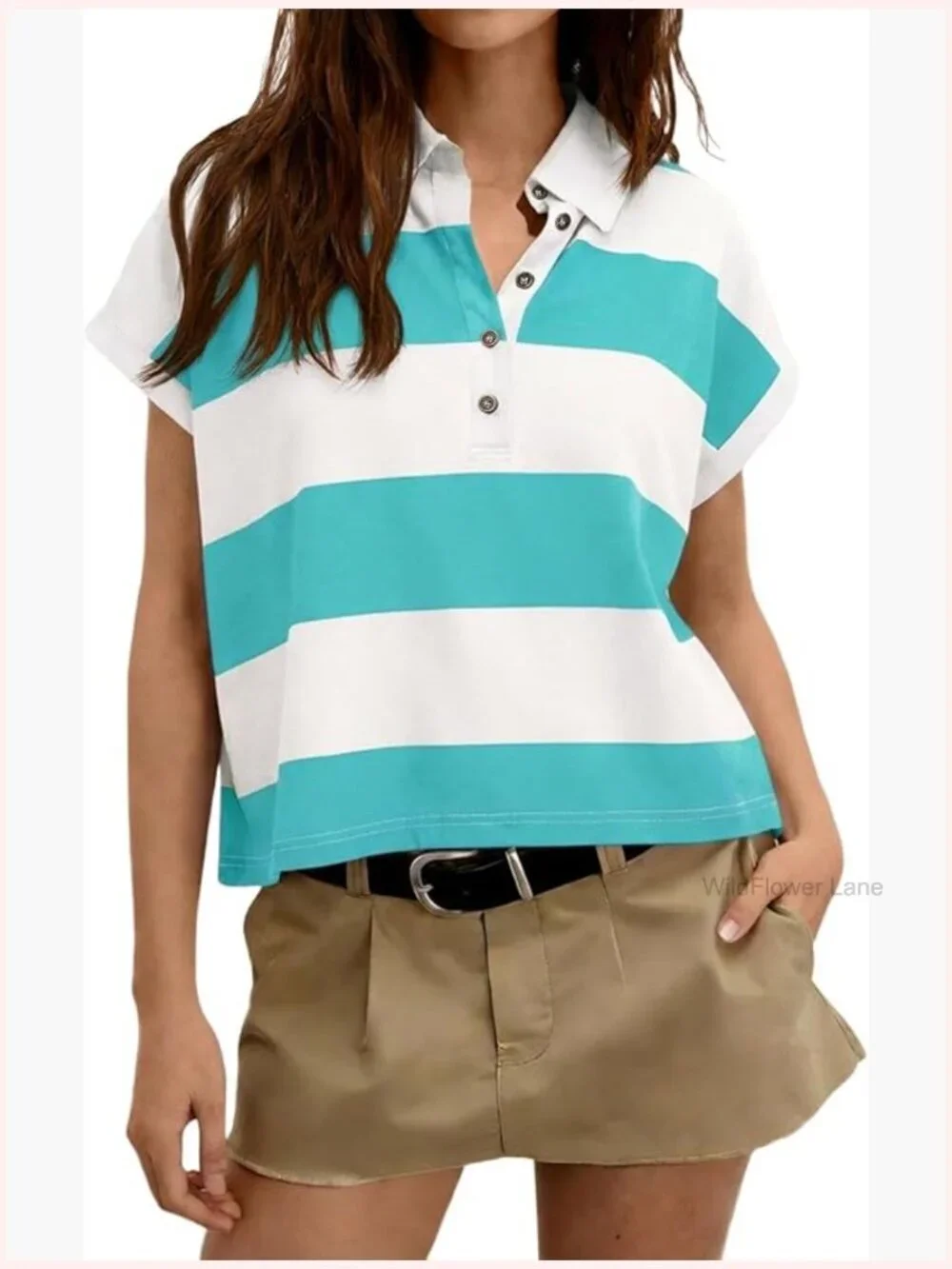 Womens Striped Polo Shirt Short Sleeve Loose Fit Cropped Tee